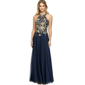 Cachet Evening Gown Women's 12 Navy Gold Embroidered Halter Formal Dress Wedding